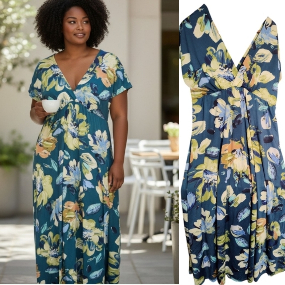 24seven Floral Maxi Dress in Blue and Yellow 3X V Neck Long Full